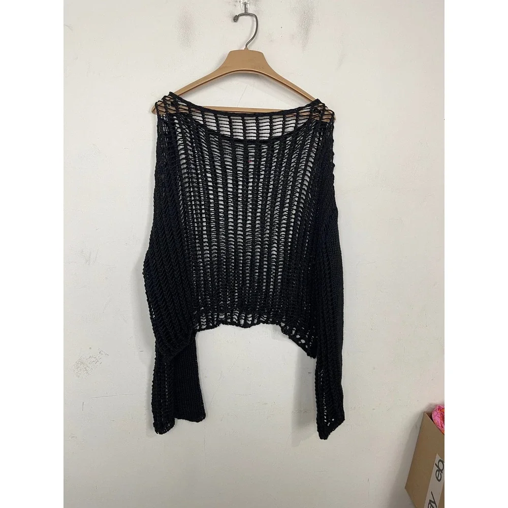 SHEIN Womens Black Open Knit Crochet Sheer Mesh Boxy Crop Sweater‎ Large L - Picture 5 of 8